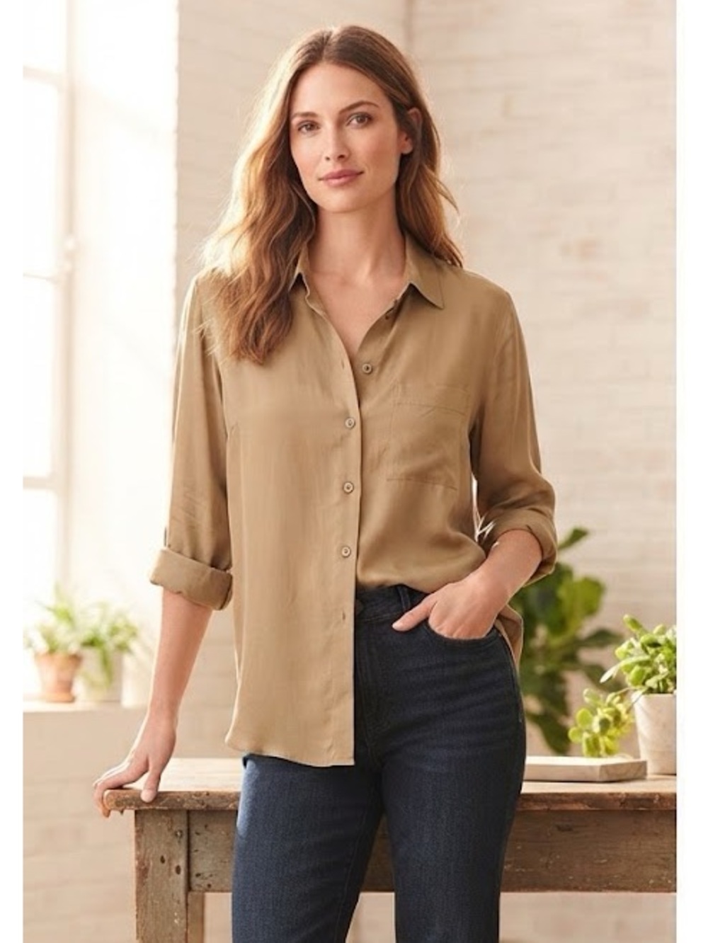 Jones New York - Button Up Silk Blouse with Front Pockets